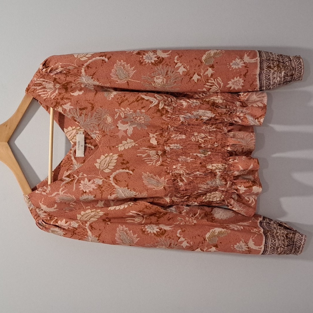 Cream Denmark Floral Smocked Waist Boho Cottagecore Long Sleeve Top Womens 36